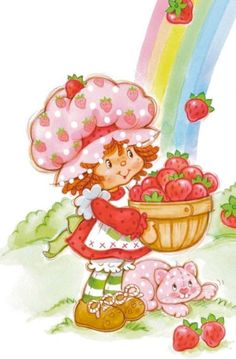 a card with a girl holding a basket of strawberries next to a pink pig