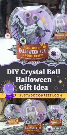 halloween decorations with text overlay that reads diy crystal ball halloween gift idea