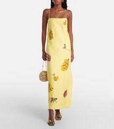 Diamond Dancer linen-blend midi dress in yellow - Alemais | Mytheresa Chic Linen Floral Print Dress, Cotton Dress With Straight Neckline For Day Out, Spring Daywear Maxi Linen Dress, Summer Linen Midi Dress With Floral Print, Spring Linen Midi Dress For Brunch, Summer Cotton Midi Dress Unlined, Cotton Midi Dress For Summer, Unlined Cotton Midi Dress For Vacation, Fitted Floral Print Linen Midi Dress