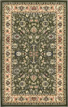 a green rug with floral designs on the bottom and beige trimmings around it