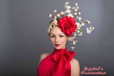 Starlet in Scarlet - A large red rose backed by many floral dogwood branches; the perfect standout romantic look to top off your garden party, tea party, or horse event! Red Fitted Fascinator For Garden Party, Red Handmade Flowers Fascinator For Spring, Red Fascinator For Spring Garden Party, Costume Fleur, Rose Headpiece, Rose Costume, White Fascinator, Floral Fascinators, Dogwood Branches