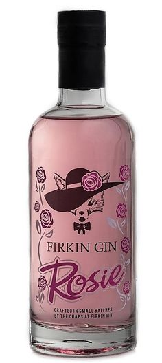 a bottle of pink gin with roses on the top and black cap is sitting in front of a white background