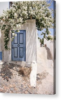 an old building with a blue door and white flowers on it