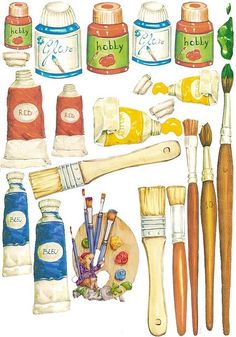 an assortment of paint brushes and paints on a white background