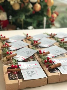 several boxes filled with different types of food and spices on top of a table next to a christmas tree