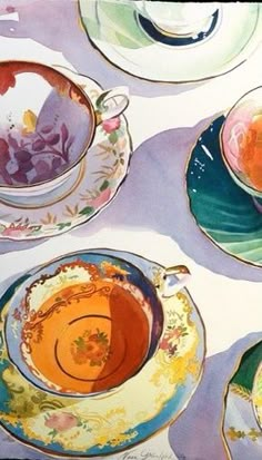 a painting of tea cups and saucers on a table