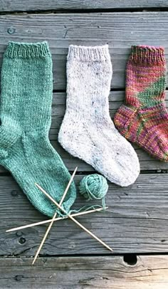 three pairs of knitted socks sitting on top of a wooden floor next to knitting needles