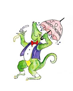 a drawing of a lizard with an umbrella in his hand and the words happy birthday written on it