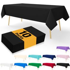 a table covered in black and yellow cloths