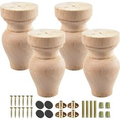 four wooden vases with screws and nails