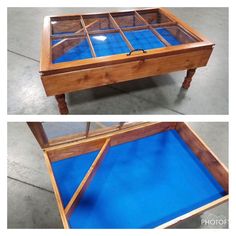 two pictures of a coffee table with blue glass in the top and bottom part, one showing