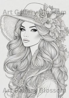 a drawing of a woman with long hair wearing a hat and flowers on her head