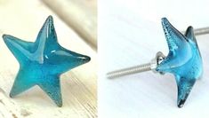 there are two pictures of blue glass stars