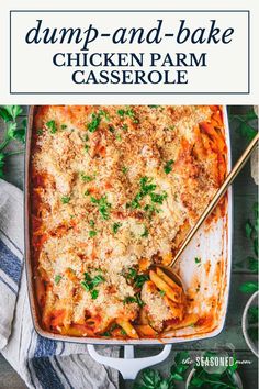 a casserole dish filled with chicken and parmesan cheese, topped with parsley