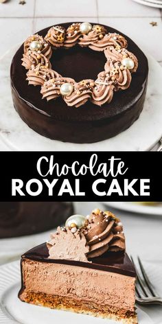 chocolate royal cake on a white plate with the words, chocolate royal cake above it