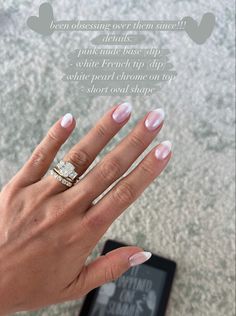 Rounded Bridal Nails, Engagement Nails Sns, Short Almond Nails Chrome French Tip, Neutral Fun Nail Designs, Short Oval Bridal Nails, Florida Trip Nails, French Tip With Sparkle Top Coat, Engagement Nails Oval, Dip Engagement Nails