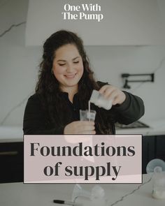 a woman is pouring something into a glass with the words foundation of supply on it