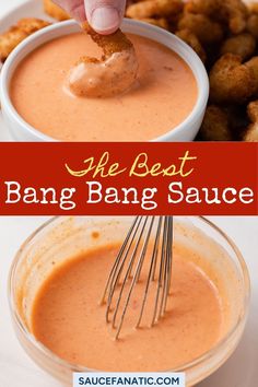 the best bang bang sauce is in a bowl with tater tots and dipping sauce