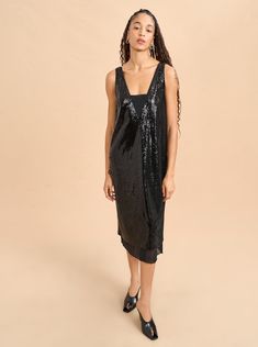 Oona Dress | La Ligne NYC Sequin Shift Dress, Chelsea Girls, Athleisure Dress, Denim Outerwear, Holiday Looks, Knitwear Tops, Silk Chiffon, Black Sequins, Resort Wear