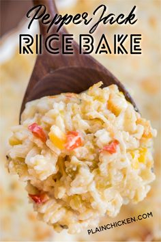 a spoon full of rice with the words pepper jack rice bake