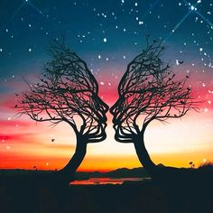 two trees in front of a colorful sky with stars on it and the sun setting behind them