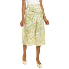 About The Brand: Sophisticated Silhouettes With A Nod To The Sensual. Izabella Midi Skirt In Cactus Painted Marble With Layered Front With Twisted Detail And Split Hem Approximately 33in From Waist To Hem Model Is 5'11 And Is Wearing A Size Small. Measurements May Vary Slightly By Size. Left Side Seam Zipper With Hook-And-Eye Closure 100% Polyester Dry Clean Only Imported Beach Midi-length Gathered Skirt, Midi Length Gathered Skirt For Beach, Midi Pleated Skirt Bottoms For Vacation, Elegant Summer Gathered Wrap Skirt, Vacation Midi Length Gathered Skirt, Chic Spring Wrap Skirt With Gathered Detail, Chic Pleated Skirt For Brunch, Chic Green Long Skirt, Feminine Silk Bottoms For Spring