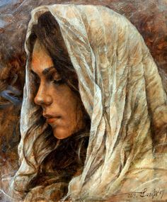 a painting of a woman wearing a white shawl over her head and looking down