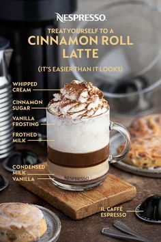 a cinnamon roll latte on a cutting board with ingredients labeled in english and spanish