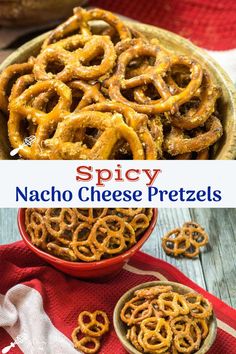 the recipe for spicy nacho cheese pretzels is in a bowl and on a red towel