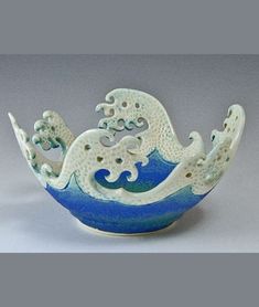 a white and blue bowl with waves on it