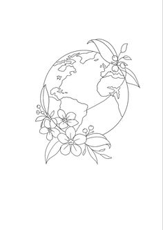 the earth with flowers on it is shown in black and white, as well as an outline