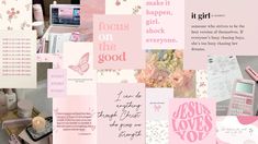 a collage of pink and white images