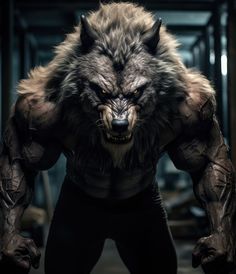 an image of a man in a wolf costume with his mouth open and claws out