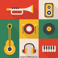 flat design music icons with long shadows in the middle, including headphones, microphones and other musical instruments