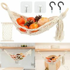 two pictures of a hammock with fruit in it and the same hanging basket