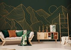 a living room with green and gold wallpaper