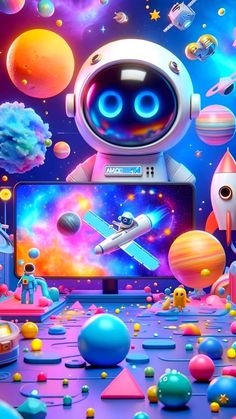 an image of a computer screen with space and planets in the background, as well as a robot