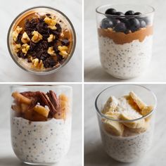 four pictures of different types of food in glass jars