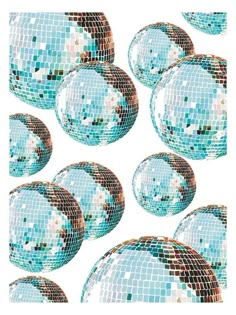 many shiny blue disco balls are arranged together