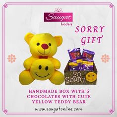 Soft toy with chocolate basket Yellow Teddy Bear, Soft Teddy, Handmade Box, Get Up