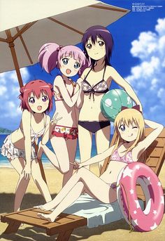 Yuru Yuri Anime Beach, V Violet, Hair Print, Sky Brown, Hair Bobbles, Eyes Blue, Blonde Hair Blue Eyes, Yuri Anime