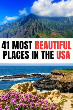 the cover of four most beautiful places in the usa, including mountains and water with purple flowers