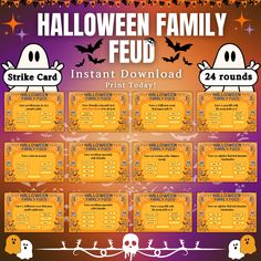 a printable halloween family info sheet with ghost and pumpkins on the front, in orange