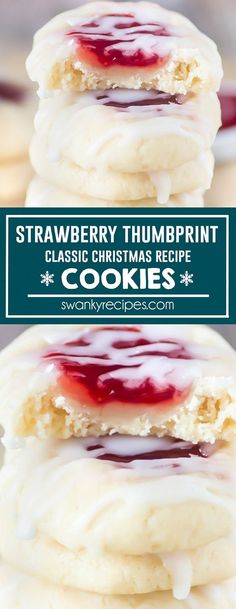 strawberry thumbprint cookies with white frosting and red jelly on top are stacked together