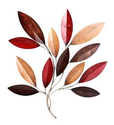 a metal branch with red, brown and white leaves hanging from it's side