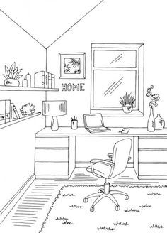 a black and white drawing of a home office