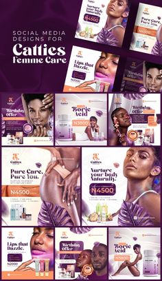 the front and back cover of an advertise for cosmetics products, with images of women's faces