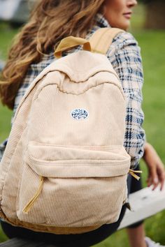 O'Neill Women's corduroy backpack 16.5"H x 13"W x 5"D Faux suede logo patch on front Interior laptop compartment Front zip pocket Adjustable shoulder straps 95% Polyester, 5% Nylon 8 Wale Corduroy | O'Neill Women's Shoreline Corduroy Backpack in Tan, Nylon/Polyester/Suede Casual Corduroy School Backpack, Casual School Backpack With Logo Patch, Casual Everyday Backpack With Logo Patch, Billabong Backpack, Backpack Aesthetic, Corduroy Backpack, Inktober 2024, Snow Accessories, Spring Suit