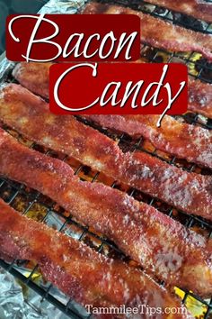 bacon candy on a grill with text overlay