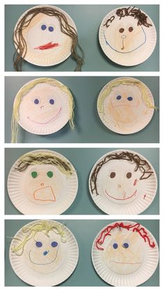 four paper plates with different faces on them